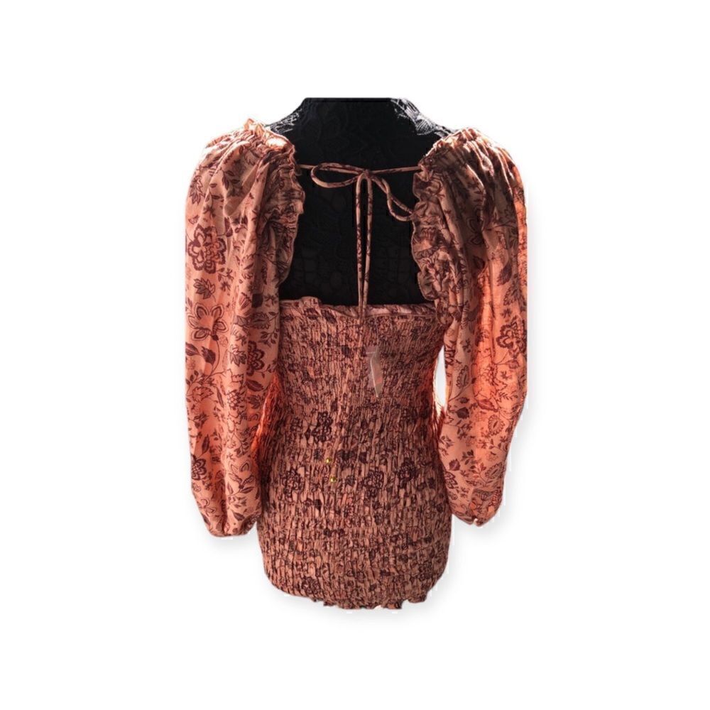Free People Women’s Dress Rust Peach Copper Mini Elastic Ruffle Big Sleeves Bow